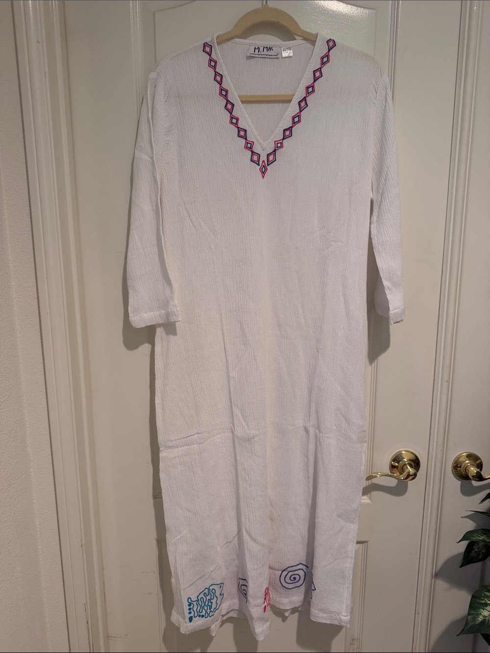 M. Mac White Embroidered V-Neck 100% Cotton Dress with Pink & Blue Accents